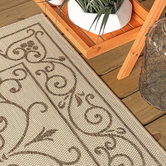 JONATHAN Y SMB106A-4R Charleston Vintage Filigree Textured Weave Beige/Brown 4' Round Indoor/Outdoor Area Rug, Pet Friendly, Non-Shedding, Stain Resistant, Easy-Cleaning for Backyard, Patio, Porch