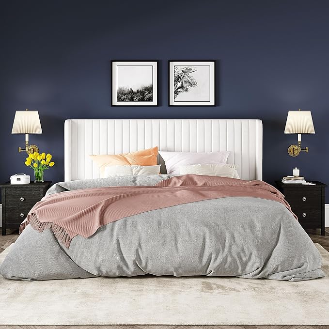 Allewie King Size Velvet Bed Frame/Vertical Channel Tufted Wingback Headboard/Upholstered Platform Bed/No Box Spring Needed/Strong Wooden Slats/Easy Assembly/White