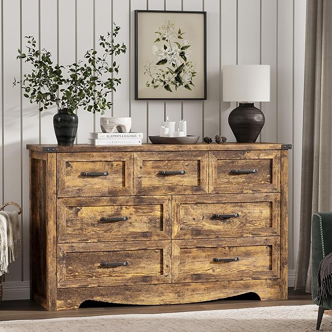 Dresser for Bedroom with 7 Drawers, 48" Wide Wood Chest of Drawers with Deep Drawers & Mental Handle, Modern Dresser TV Stand, Wooden Closet Storage Organizer for Living Room, Hallway, Entryway, Brown