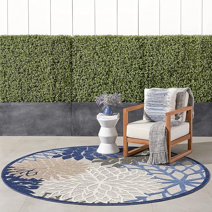Nourison Aloha Indoor/Outdoor Blue/Multicolor 7'10" x Round Area Rug, Tropical, Botanical, Easy Cleaning, Non Shedding, Bed Room, Living Room, Dining Room, Deck, Backyard, Patio (8 Round)