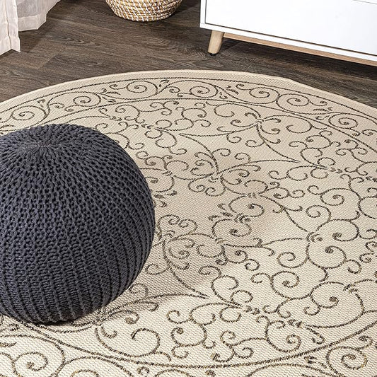 JONATHAN Y SMB106A-4R Charleston Vintage Filigree Textured Weave Beige/Brown 4' Round Indoor/Outdoor Area Rug, Pet Friendly, Non-Shedding, Stain Resistant, Easy-Cleaning for Backyard, Patio, Porch