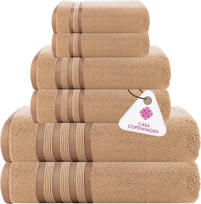 CASA COPENHAGEN Zero Twist, 6 Pieces Set 100% Cotton 0" Twist Towel Set- Beige, 600 GSM, 2 Bath, 2 Hand, 2 Washcloths Made from Egyptian Cotton, Ultra Soft Luxury Towels for Bathroom.