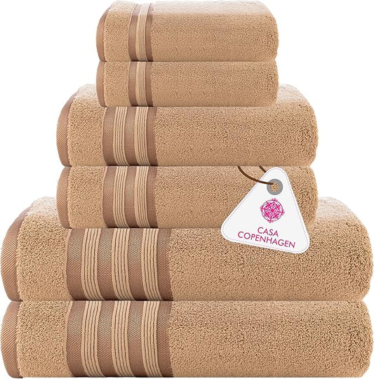 CASA COPENHAGEN Zero Twist, 6 Pieces Set 100% Cotton 0" Twist Towel Set- Beige, 600 GSM, 2 Bath, 2 Hand, 2 Washcloths Made from Egyptian Cotton, Ultra Soft Luxury Towels for Bathroom.