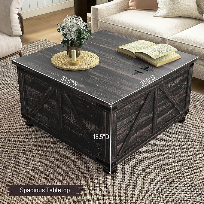 HOMCOM Farmhouse Coffee Table, 31.5" Square Coffee Table with Storage, Living Room Center Table with Hinged Flip Lift Top and Hidden Space, Distressed Brown