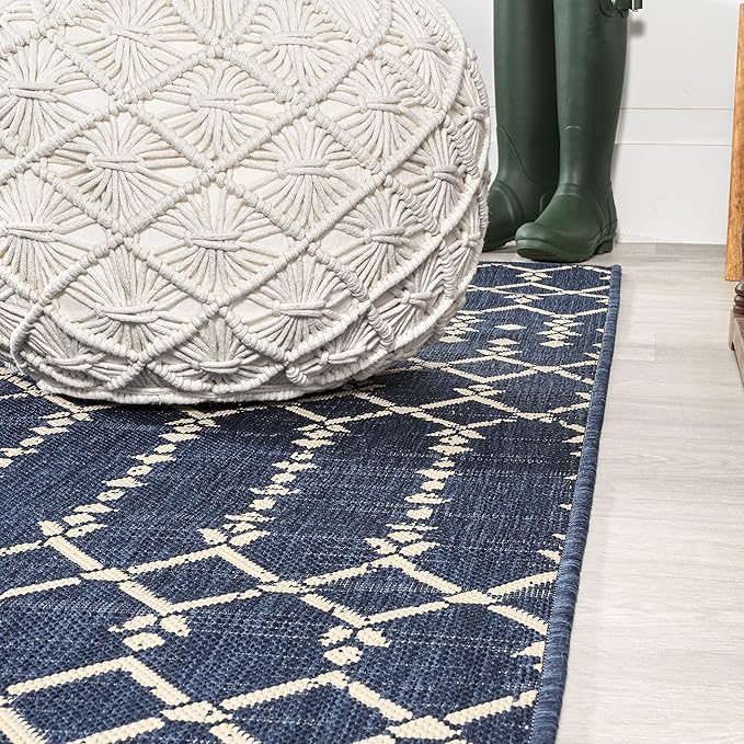 JONATHAN Y SMB108K-4SQ Ourika Moroccan Geometric Textured Weave Navy/Beige 4' Square Indoor/Outdoor Area Rug, Pet Friendly, Non-Shedding, Stain Resistant, Easy-Cleaning for Backyard, Patio, Porch