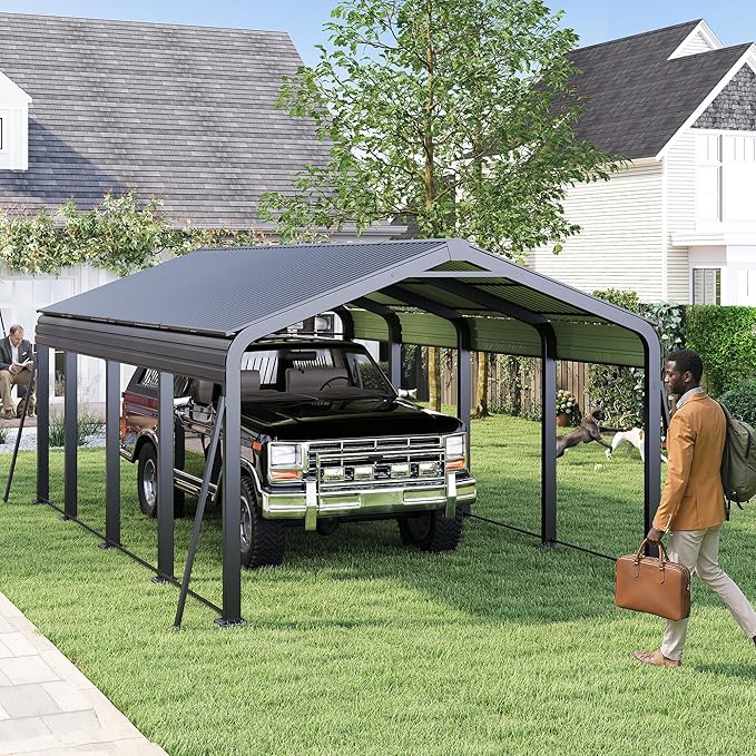 12x20 FT Metal Carport, Heavy Duty Car Port Canopy with Galvanized Steel Roof & Frame, Large Metal Carport Kit, Outdoor Car Garage, Steel Car Shelter for Car, Boat, Truck, Dark Gray