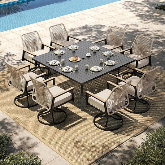 HERA'S HOUSE 9 Pieces Outdoor Dining Set, Patio Table and Chairs Set for 8, 8 x Rattan Swivel Chairs and 1 x 60 Square Dining Table, Outdoor Dining Table Set for Lawn Garden Backyard