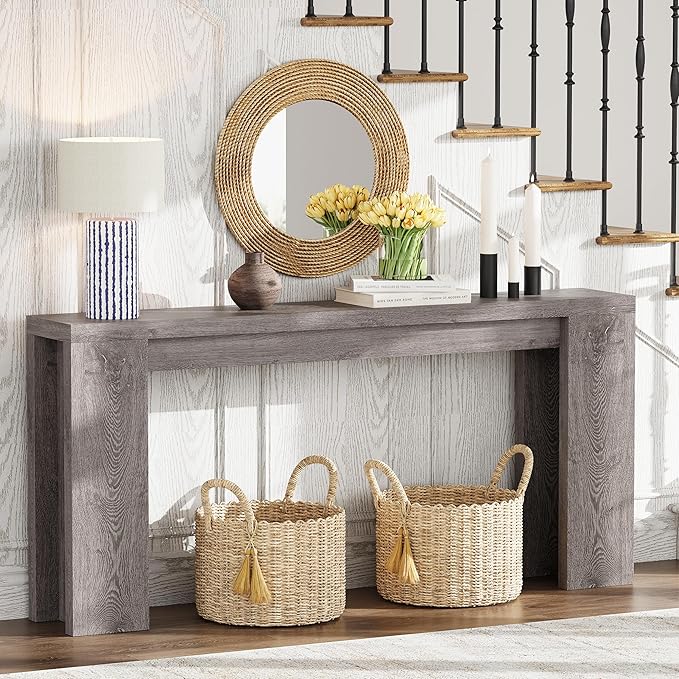 70.9 Inch Extra Long Console Table, Farmhouse Entryway Table with Thickened Base, Wood Sofa Table Behind Couch Table, Narrow Entry Way Accent Table for Living Room, Hallway, Entrance, Foyer, Grey