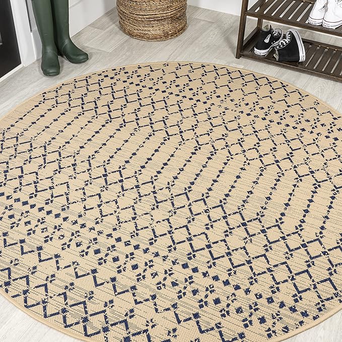 JONATHAN Y SMB108H-5R Ourika Moroccan Geometric Textured Weave Indoor Outdoor Area Rug, Coastal,Traditional,Transitional Easy Clean,Bedroom,Kitchen,Backyard,Patio, Non-Shed, Beige/Navy, 5' Round