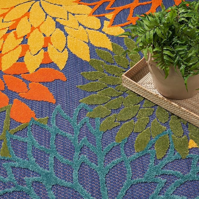 Nourison Aloha Indoor-Outdoor Navy Multicolor 3'6" x 5'6" Area Rug, Easy Cleaning, Non Shedding, Bed Room, Living Room, Dining Room, Backyard, Deck, Patio (4x6)