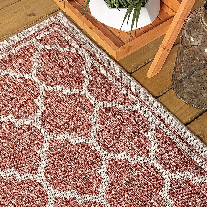 Eyely BMS109C-210 Santa Monica Trebol Moroccan Trellis Textured Weave Indoor/Outdoor Runner Rug Coastal;Bohemian, Bedroom, Backyard, Patio, Easy-Cleaning, Non-Shedding, 2 X 10, Red/Beige