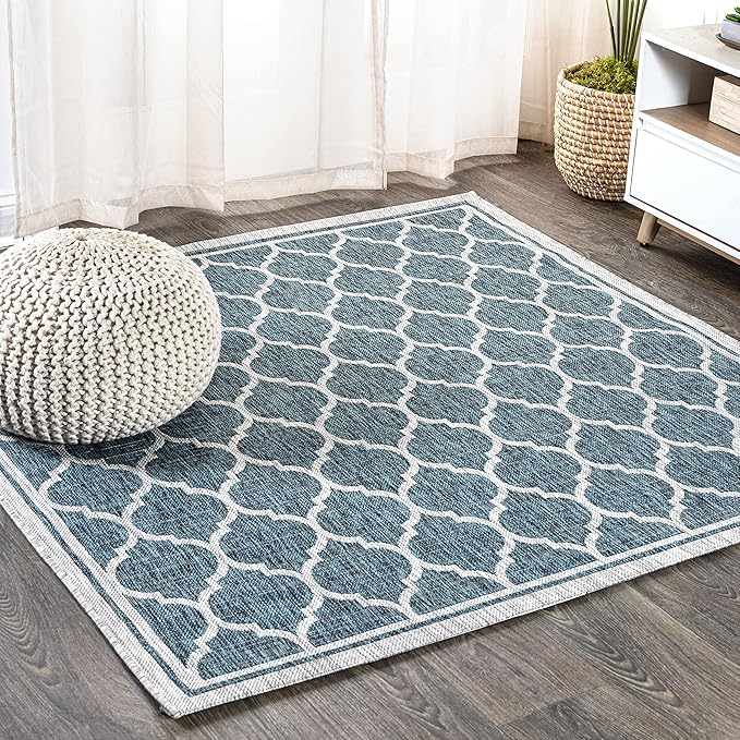Eyely BMS109E-6SQ Santa Monica Trebol Moroccan Trellis Textured Weave, Pet Friendly, Non-Shedding, Stain Resistant, Easy-Cleaning, Teal/Gray, 6' Square, Indoor/Outdoor, Area Rug