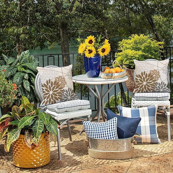 Brown Grey Outdoor Pillow Cover 20X20 Inch Set of 2 Outdoor Waterproof Summer Floral Brown Decorative Pillow case Decor for Couch Patio Funiture Garden Print Polyester Cushion Cover 01E20