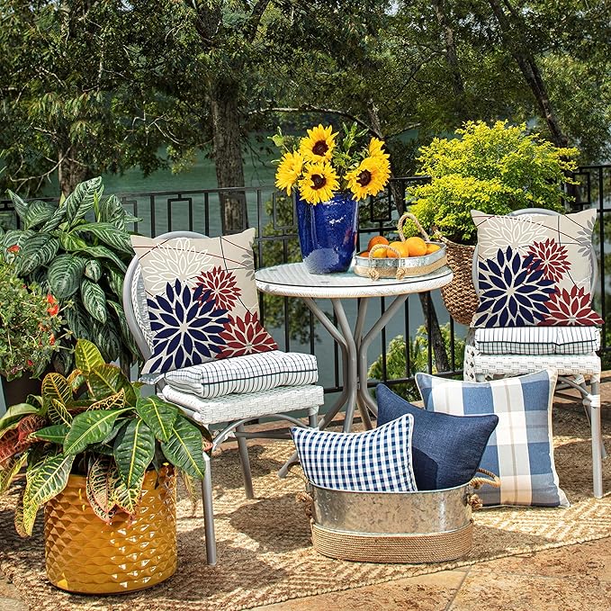 DFXSZ 4th of July Pillow Covers 20x20 Inch Set of 2 Patriotic Blue Red Floral Outdoor Waterproof Decorative Throw Pillows Polyester Cushion Case Decor for Patio Funiture Garden Couch 01H20