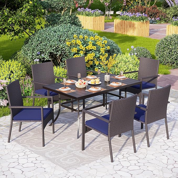 PHI VILLA 7 Piece Outdoor Dining Set for 6, 59” Rectangular Metal Steel Dining Table with Umbrella Hole & Cushioned Rattan Wicker Chairs for Patio, Deck, Yard, Porch