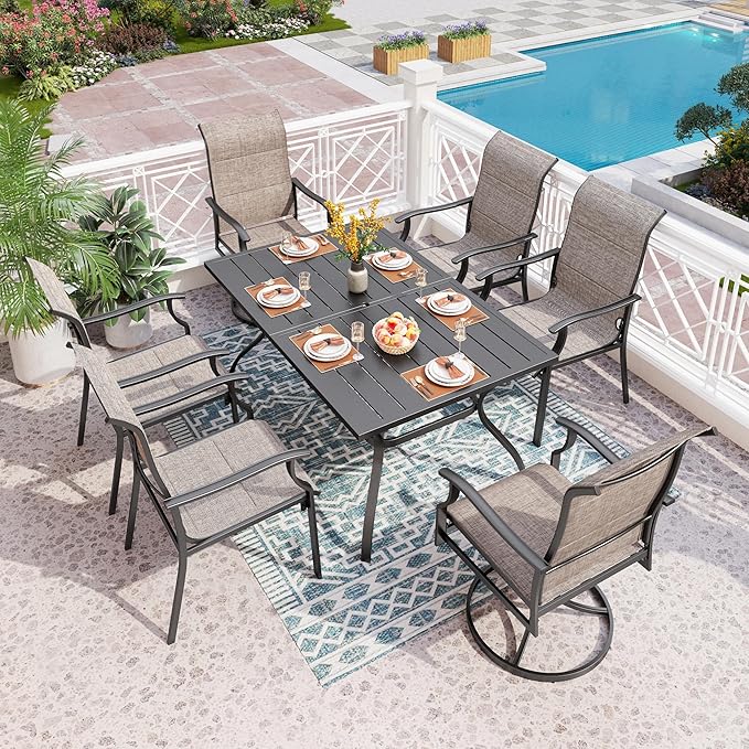 PHI VILLA 7 PCS Patio Dining Set, Outdoor Table Chair Set with Large Metal Table, 6 High Back Patio Chairs Include 4 Fixed and 2 Swivel Chair, Patio Furniture Dining Set for Patio Lawn Garden