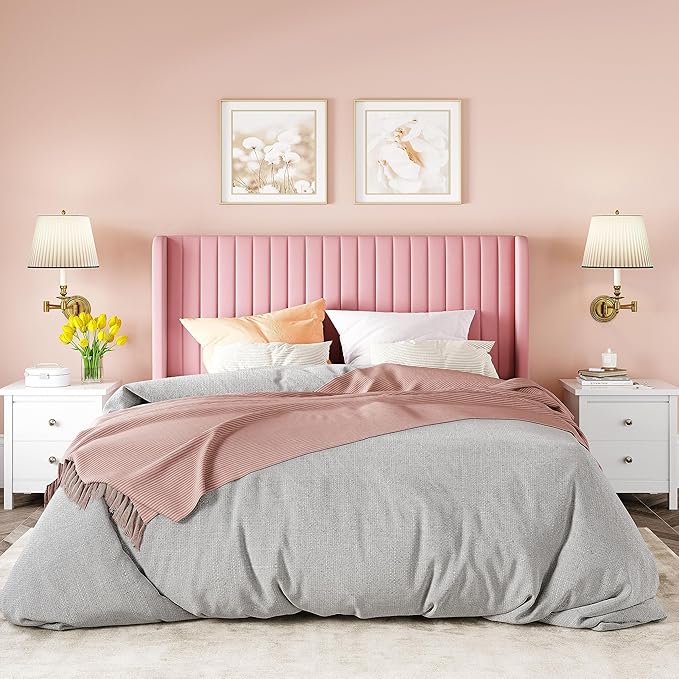 Allewie Queen Size Velvet Bed Frame/Vertical Channel Tufted Wingback Headboard/Upholstered Platform Bed/Strong Wooden Slats/No Box Spring Needed/Easy Assembly/Pink