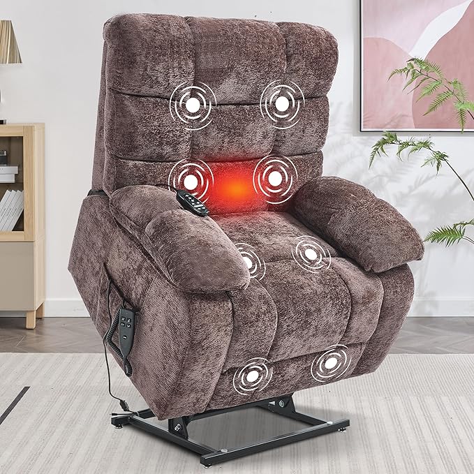 Lay Flat Recliner with Vibration Massage and Lumbar Heating, 26" Wide Recliner with Infinite Position and 2 Remote Controls, Soft Chenille Lift Chair for Living Room, Chocolate