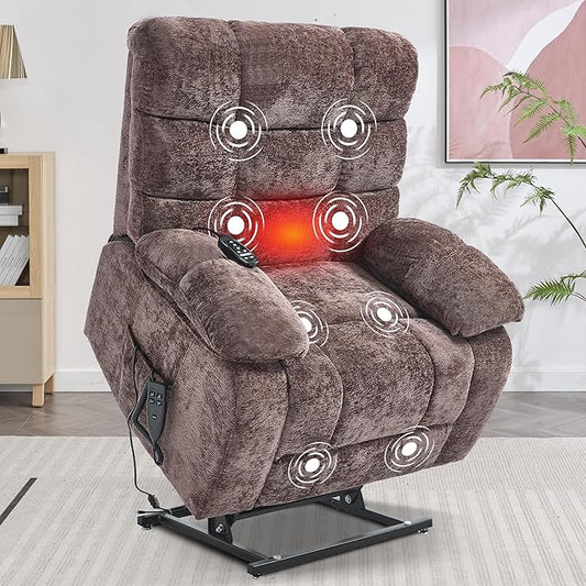 Lay Flat Recliner with Vibration Massage and Lumbar Heating, 26" Wide Recliner with Infinite Position and 2 Remote Controls, Soft Chenille Lift Chair for Living Room, Chocolate
