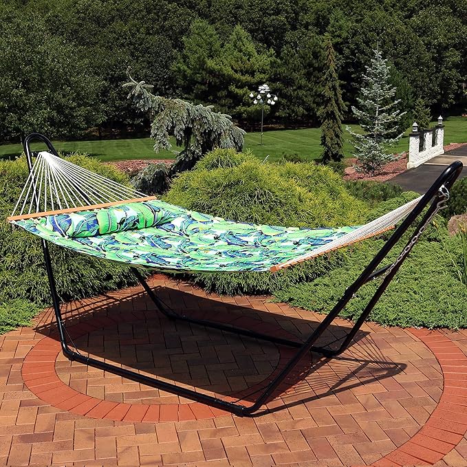 Sunnydaze Quilted Outdoor Hammock with Spreader Bars - Heavy-Duty 450-Pound Capacity Double Hammock for Outside - Exotic Foliage