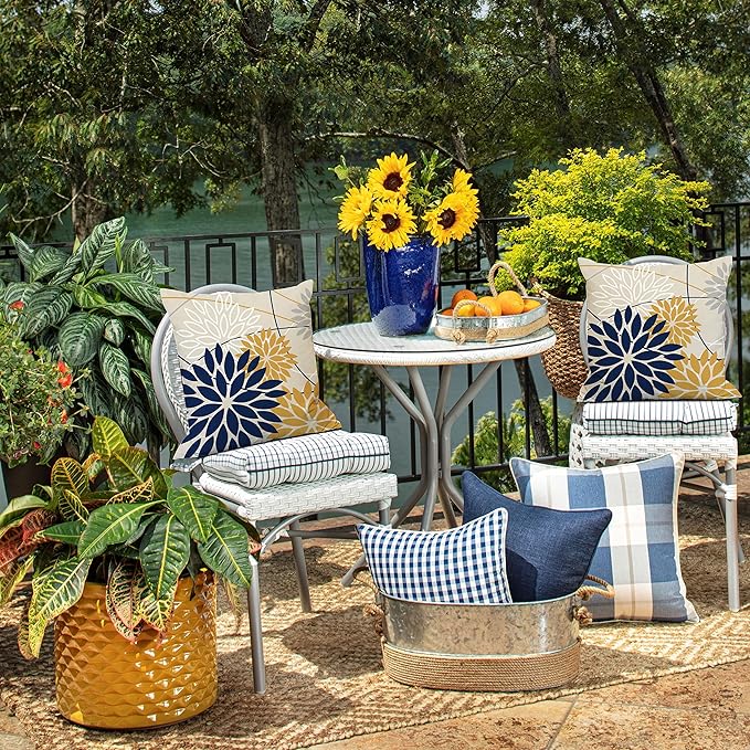 Outdoor Pillow Covers 20x20 Inch Set of 2 Navy Blue Yellow Outdoor Waterproof Decorative Throw Pillows Summer Spring Decor for Home Patio Funiture Garden Living Room Polyester Cushion Covers 01G20