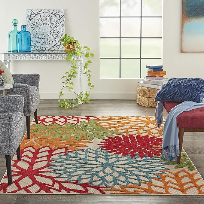 Nourison Home Aloha Indoor/Outdoor Green 3'6" x 5'6" Area Rug, Tropical, Botanical, Easy Clean, Non Shedding, Bed Room, Living Room, Dining Room, Deck, Backyard, Patio (3x5)