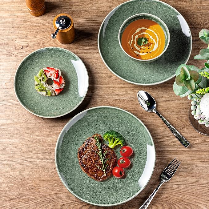 AmorArc Ceramic Dinnerware Sets for 8, 24 Pieces Handpainted Plates and Bowls Set, Scratch Resistant Stoneware Dishes Set, Dishwasher & Microwave Safe, Jade Green