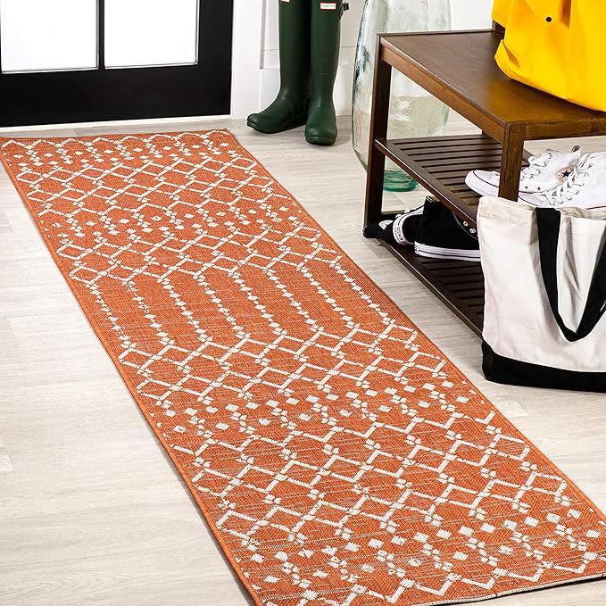 JONATHAN Y SMB108P-210 Ourika Moroccan Geometric Textured Weave Indoor Outdoor Runner Rug, Bohemian, Rustic, Scandinavian Easy Clean,Bedroom,Kitchen,Backyard,Patio,Non Shedding, Orange/Cream, 2 X 10
