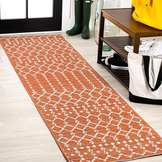 JONATHAN Y SMB108P-210 Ourika Moroccan Geometric Textured Weave Indoor Outdoor Runner Rug, Bohemian, Rustic, Scandinavian Easy Clean,Bedroom,Kitchen,Backyard,Patio,Non Shedding, Orange/Cream, 2 X 10