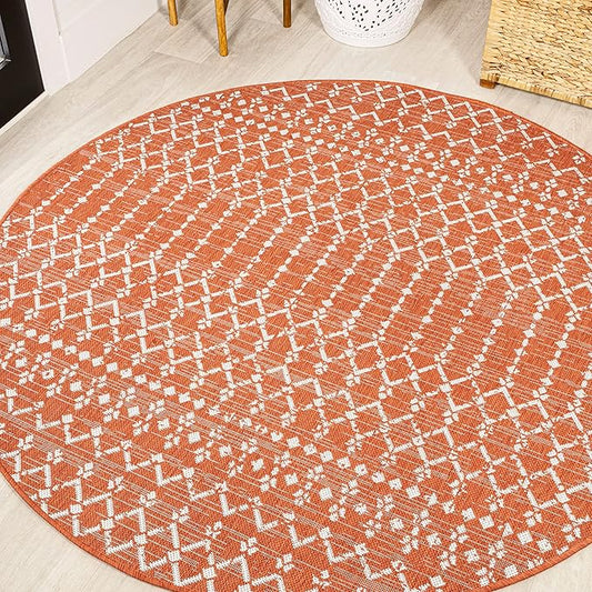 JONATHAN Y SMB108P-5R Ourika Moroccan Geometric Textured Weave Indoor Outdoor Area Rug, Coastal, Bohemian, Modern Easy-Cleaning,Bedroom,Kitchen,Backyard,Patio,Non Shedding, Orange/Cream, 5' Round