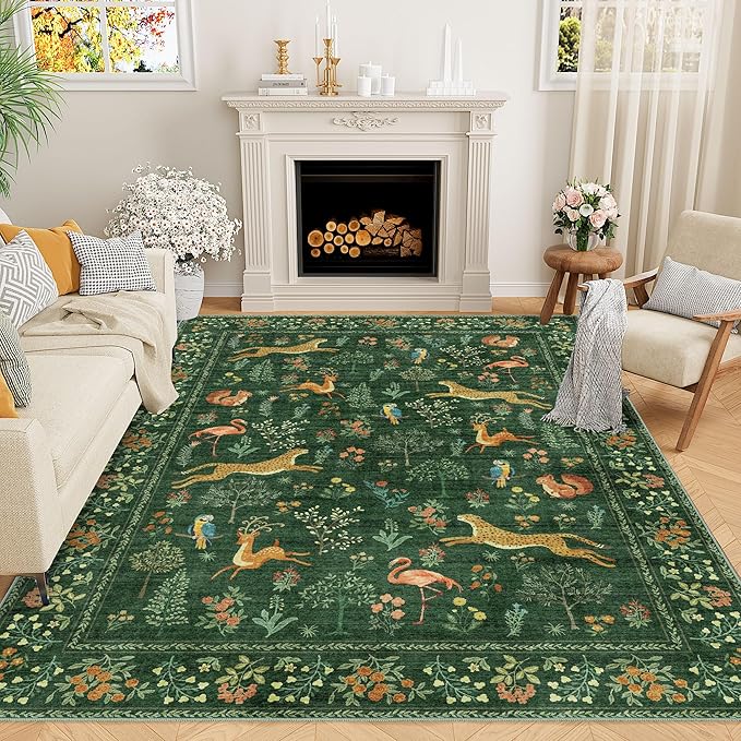 DUKINO 8x10 Rug, Washable Animal Living Room Rug with Non Slip Vintage Design, Soft Low Pile Large Carpet for Bedroom, Nursery, Dining Room, Farmhouse, Playroom, Green