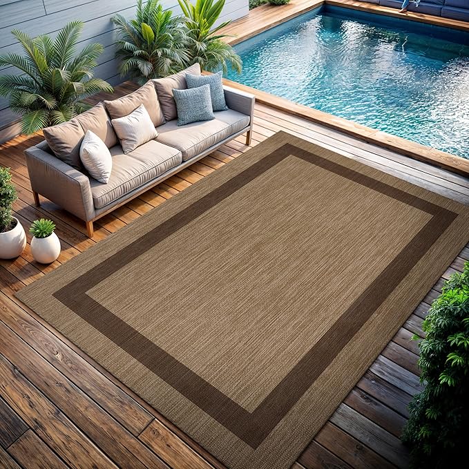 CAMILSON Outdoor Rug 10x14 - Large Modern Outside Rugs for Patios Porches Waterproof Durable Washable Non-Shedding, Easy-to-Clean Indoor Outdoor Area Carpet (10 x 14, Bordered - Jute)