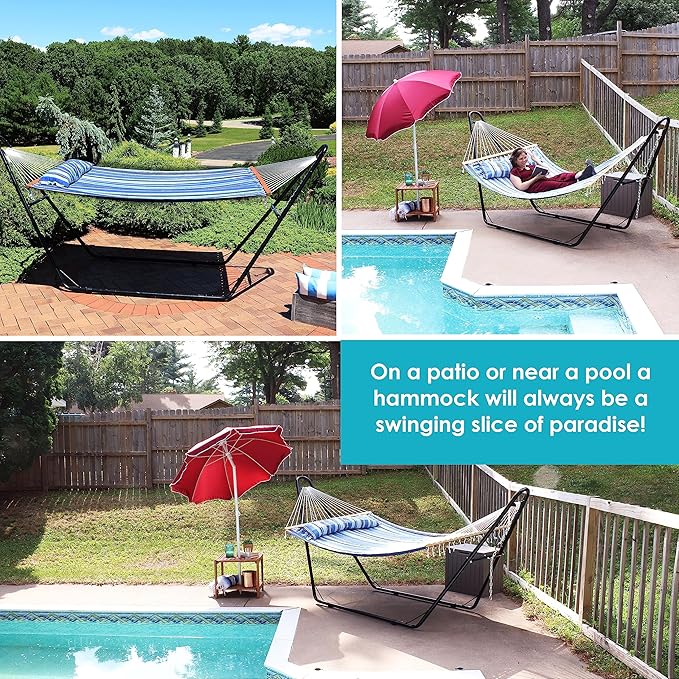 Sunnydaze Double Quilted Fabric Hammock with Universal Steel Stand - 450-Pound Capacity - Black Stand - Misty Beach