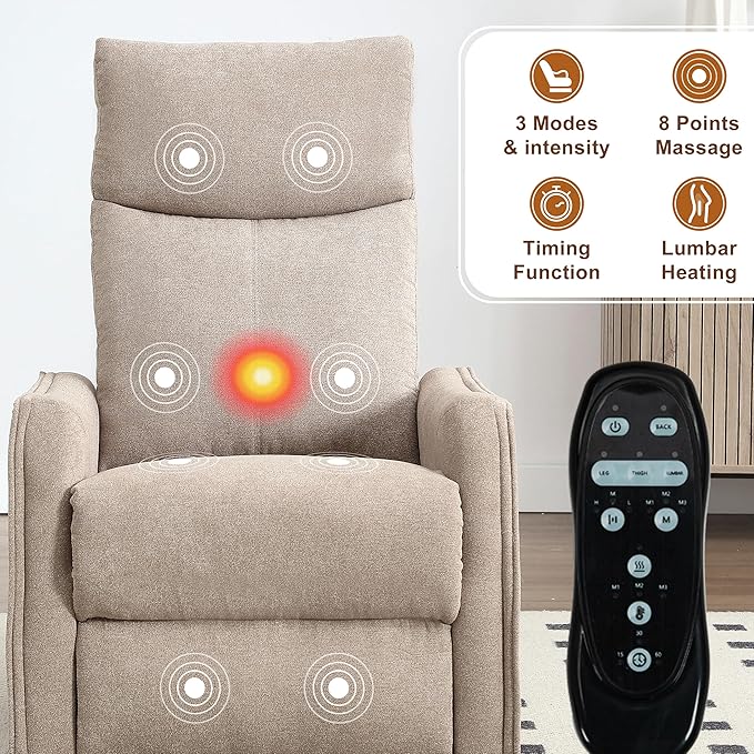 Manual 360° Swivel Rocker Recliner Chair for Adults, Overstuffed Glider Chair for Nursery with Vibration Massage and Heat, Comfy Soft Fabric Glider with Side Pockets for Living Room, Khaki