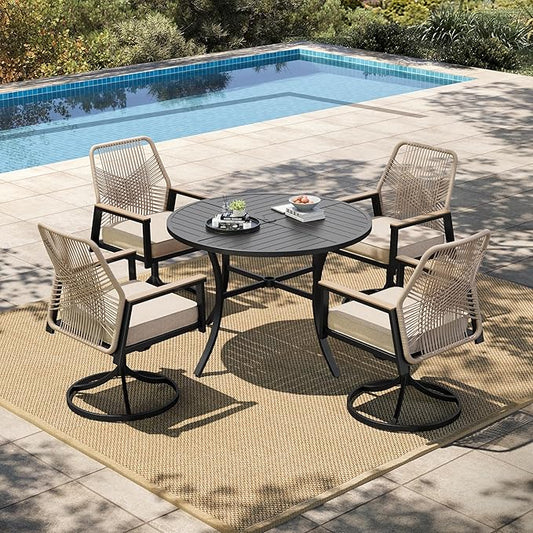 HERA'S HOUSE 5 Pieces Patio Table and Chairs Set of 4, 4 x Swivel Chairs with 3.1" Cushions and 42" Round Dining Table with Umbrella Hole, Outdoor Dining Set for Lawn Garden Backyard Porch