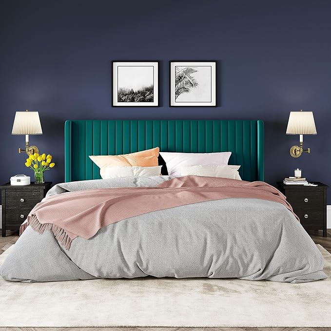 Allewie King Size Bed Frame/Velvet Upholstered Platform Bed/Vertical Channel Tufted Wingback Headboard/Strong Wooden Slats/No Box Spring Needed/Easy Assembly/Teal