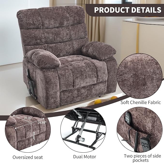 Lay Flat Recliner with Vibration Massage and Lumbar Heating, 26" Wide Recliner with Infinite Position and 2 Remote Controls, Soft Chenille Lift Chair for Living Room, Chocolate