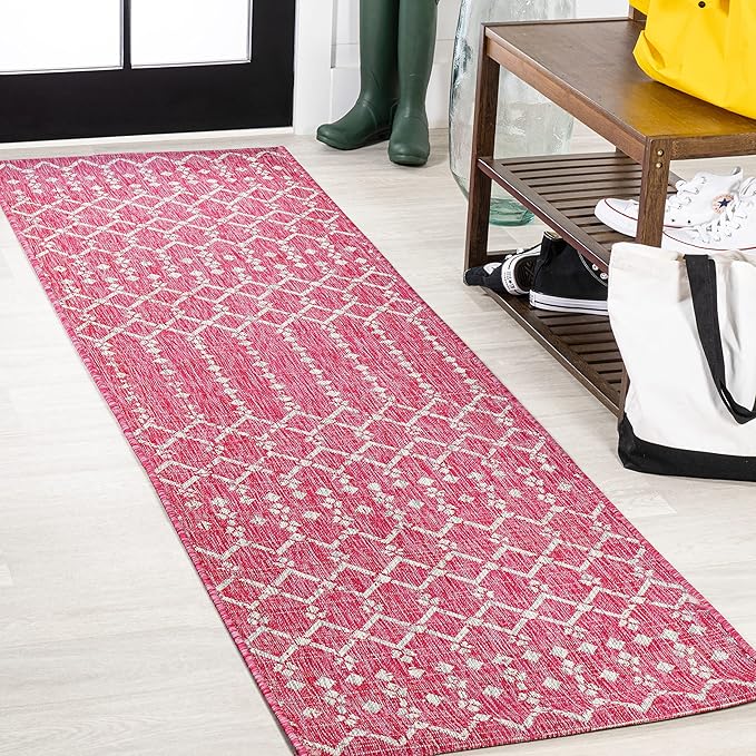 JONATHAN Y SMB108Q-28 Ourika Moroccan Geometric Textured Weave Indoor Outdoor Runner Rug, Bohemian, Rustic, Scandinavian Easy Clean,Bedroom,Kitchen,Backyard,Patio, Non-Shed, Fuchsia/Light Gray, 2 X 8