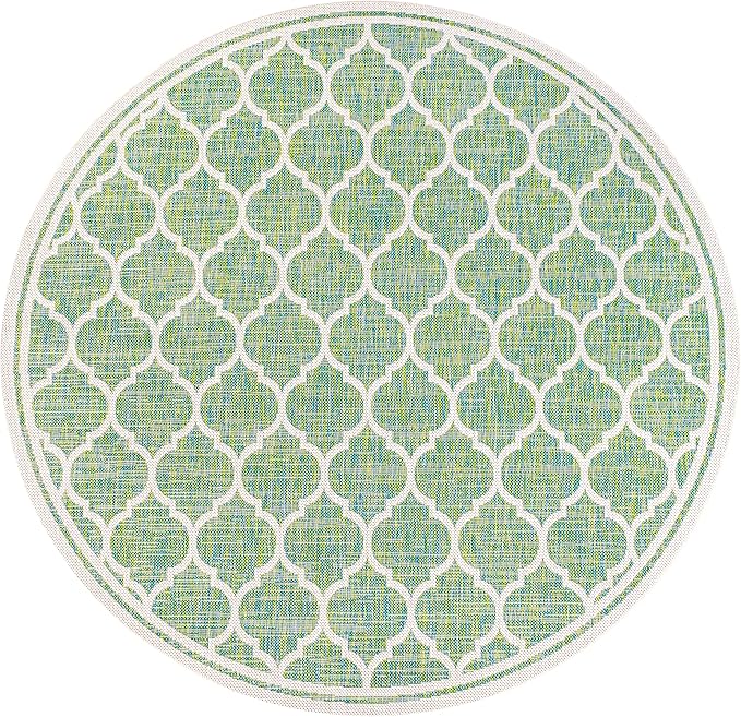 Eyely BMS109I-5R Santa Monica Trebol Moroccan Trellis Textured Weave Indoor/Outdoor Area Rug Coastal;Bohemian, Bedroom, Backyard, Patio, Easy-Cleaning, Non-Shedding, 5' Round, Cream/Green