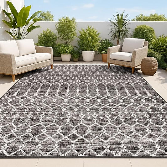 JONATHAN Y Moroccan Geometric Indoor Outdoor Area Rug 10X14 Black/Gray, Ourika Textured Weave for Backyard, Patio, Porch, Easy-Cleaning, High Traffic, Pet-Friendly, Non-Shedding (SMB108F-14)
