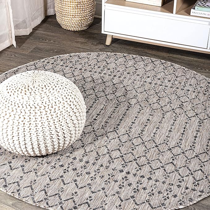 JONATHAN Y SMB108D-5R Ourika Moroccan Geometric Textured Weave Indoor Outdoor Area Rug, Bohemian, Rustic, Scandinavian Easy Clean,Bedroom,Kitchen,Backyard,Patio, Non-Shed, Natural/Black, 5' Round