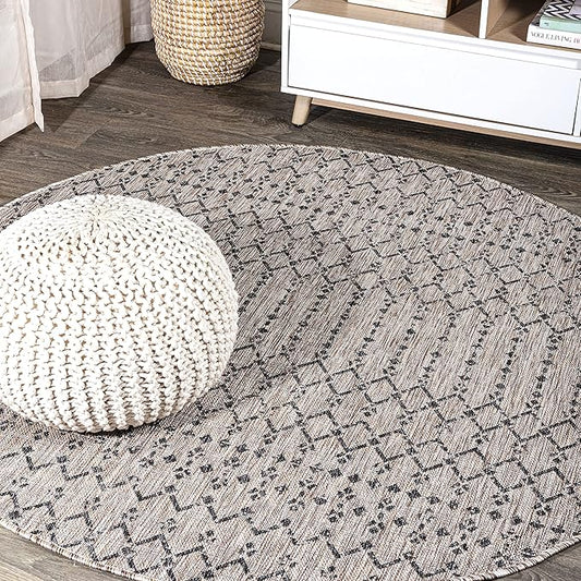 JONATHAN Y SMB108D-9R Ourika Moroccan Geometric Textured Weave Indoor/Outdoor Area Rug, Bohemian, Scandinavian for Bedroom, Kitchen, Living Room, Easy-Cleaning, Natural/Black, 9' Round
