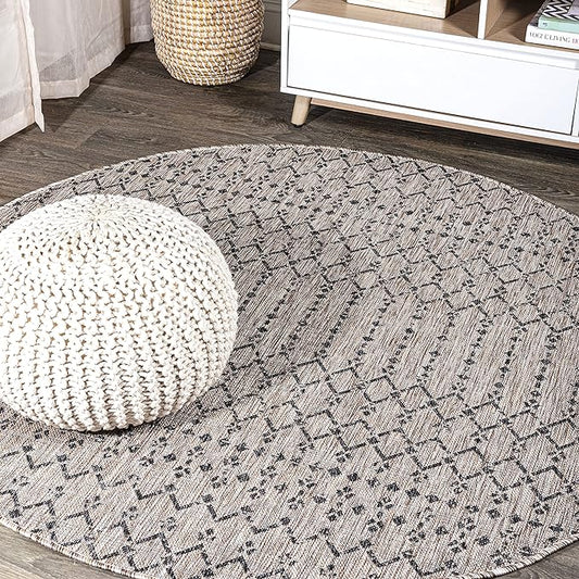 JONATHAN Y SMB108D-4R Ourika Moroccan Geometric Textured Weave Indoor/Outdoor Area Rug, Bohemian, Scandinavian for Bedroom, Kitchen, Living Room, Easy-Cleaning, Natural/Black, 4' Round
