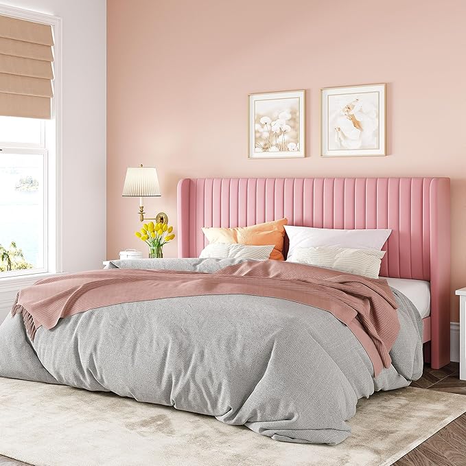 Allewie King Size Velvet Bed Frame/Vertical Channel Tufted Wingback Headboard/Upholstered Platform Bed/Strong Wooden Slats/No Box Spring Needed/Easy Assembly/Pink