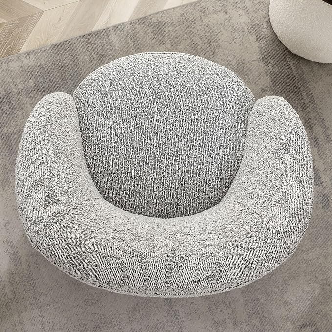KINWELL 34" W Mid Century Modern Swivel Barrel Chair, Round Upholstered Boucle Swivel Accent Chairs, No Assembly Sofa Chair for Living Room Bedroom Reading Apartment Lounge Nursery(Black White)
