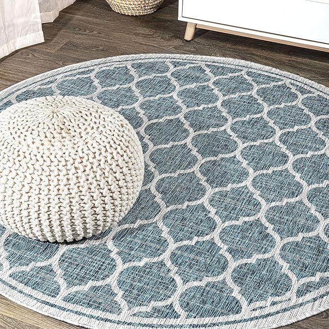 Eyely BMS109E-4R Santa Monica Trebol Moroccan Trellis Textured Weave, Pet Friendly, Non-Shedding, Stain Resistant, Easy-Cleaning, Teal/Gray, 4' Round, Indoor/Outdoor, Area Rug