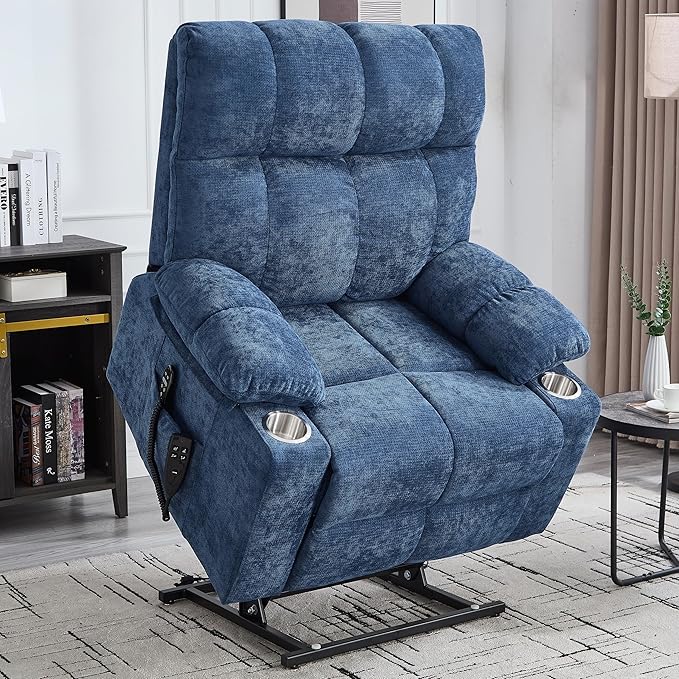 Oversized Recliner with Massage and Heating, Power Lift Chairs for Elderly, Extra Wide Recliner Chair for Living Room with Cup Holders, Dual Motor, Chenille Fabric - Dark Blue