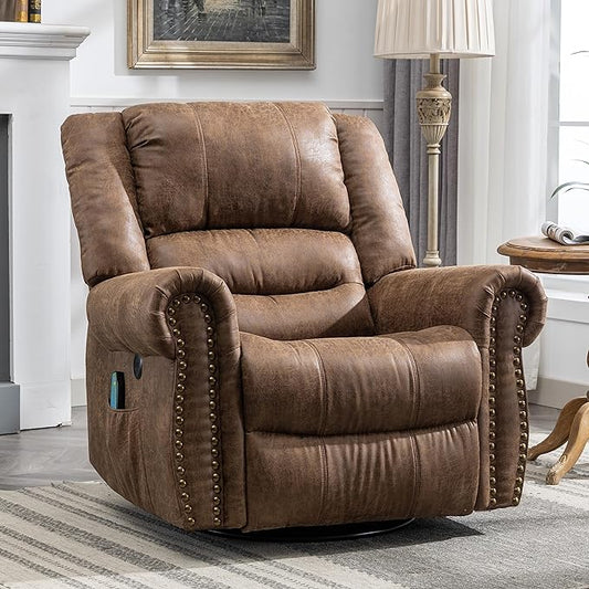 MEETWARM Massage Swivel Rocker Recliner with Heat and Vibration, Manual Glider Rocking Recliner Chair, 360°Swivel Lounge Reclining Chair with Remote Control/USB Ports for Living Room(Brown)