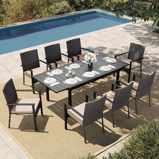 HERA'S HOUSE 9 Pieces Patio Dining Sets for 8, Outdoor PE Rattan Chairs and Extendable Metal Dining Table with 1.57" Umbrella Hole, Modern Outdoor Dining Table Set for Deck, Balcony, Backyard, Garden