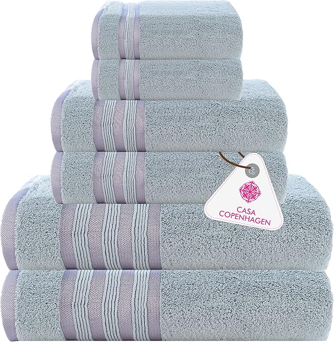 CASA COPENHAGEN Zero Twist, 6 Pieces Set 100% Cotton 0" Twist Towel Set- Grey Violet, 600 GSM, 2 Bath, 2 Hand, 2 Washcloths Made from Egyptian Cotton, Ultra Soft Luxury Towels for Bathroom.